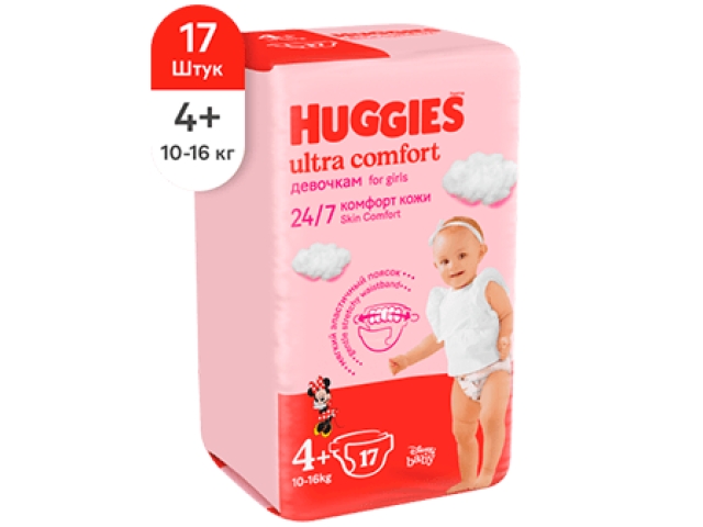 Huggies Подгузники Ultra Comfort 4+ для девочек (10-16кг), 17 шт. 