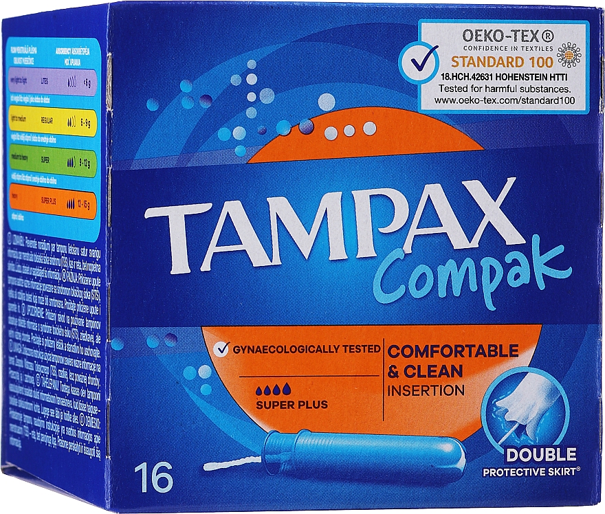 TAMPAX Compak Женские гигиенические тампоны с аппликатором Super Plus Duo 16шт ПрепакКороб