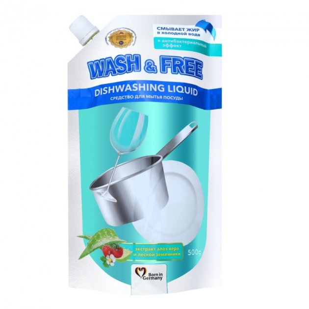 Wash & Free Средство для мытья посуды экстракт алоэ вера и земляники 500г (Doypack) 724670