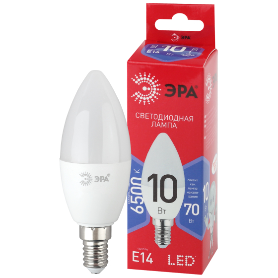 Лампы СВЕТОДИОДНЫЕ ЭКО LED B35-10W-865-E14 R  ЭРА (диод, свеча, 10Вт, хол, E14)