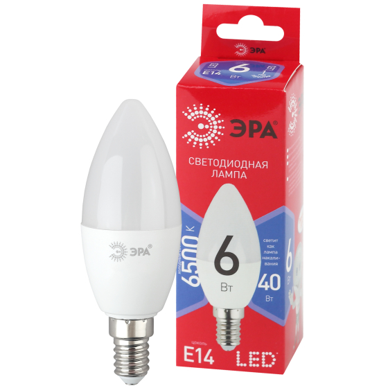 Лампы СВЕТОДИОДНЫЕ ЭКО LED B35-6W-865-E14 R  ЭРА (диод, свеча, 6Вт, хол, E14)