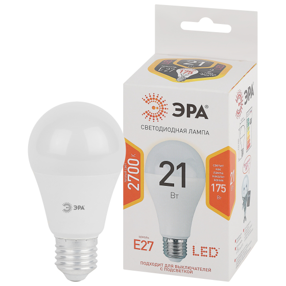 Лампа светодиодная ЭРА LED A65-21W-827-E27 (Диод, груша, 21ВТ, тепл, Е27)