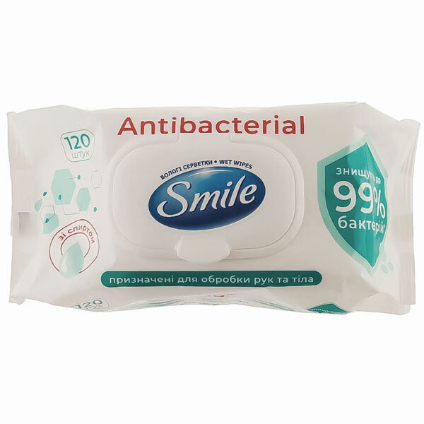 SMILE Влажная Салфетка Antibacterial со спиртом, 120 шт, с клапаном